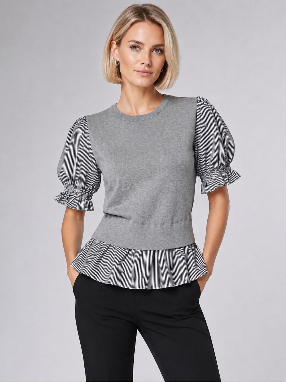 Nanette Lepore Mixed Media Twofer Sweater Puff Sleeve Peplum Top Gray Striped M - Picture 2 of 15